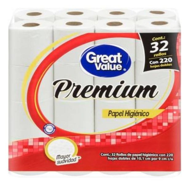 Oferta de Papel higiénico Great  Value premium 32 rollos con 220 hojas dobles c/u por $159