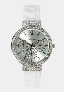 Oferta de White Crystal Bezel Roman Numeral Watch por $25 en Bebe