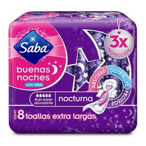 Oferta de Toalla Femenina Saba Buenas Noches C/Alas 8 Pz por $23.9 en Tiendas Neto