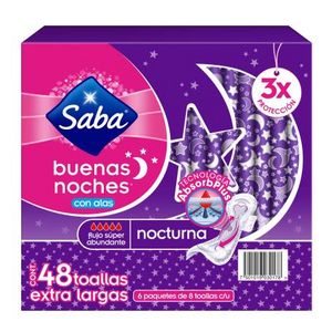 Oferta de Toallas Femeninas Saba Nocturna Extra Larga con Alas 48 pzas por $121.73 en Sam's Club