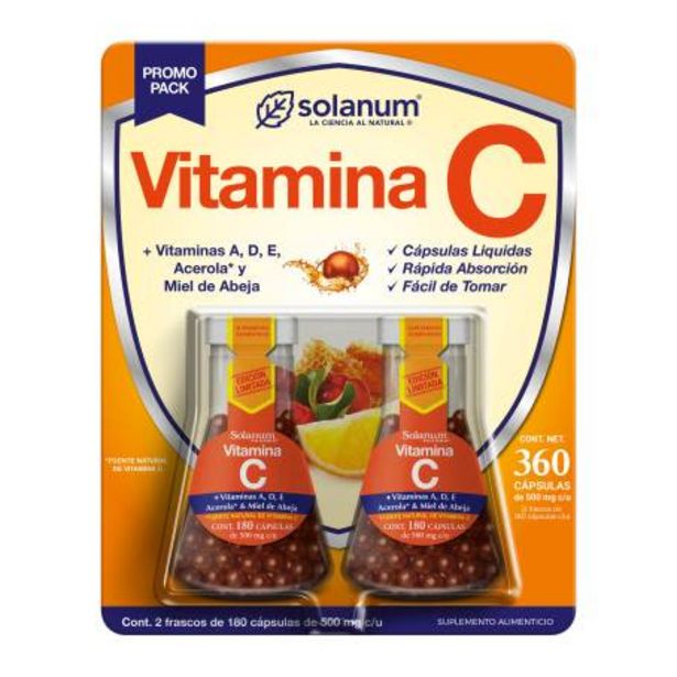 Oferta de Vitamina C Solanum 2 Frascos con 180 Cápsulas c/u por $250.64