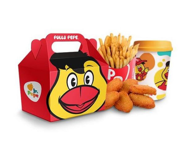 Oferta de Jr. Pepe 6 nuggets de pollo + vasito infantil con tapa + bebida + papas francesas mini + regalo sorpresa por $115 en El Pollo Pepe