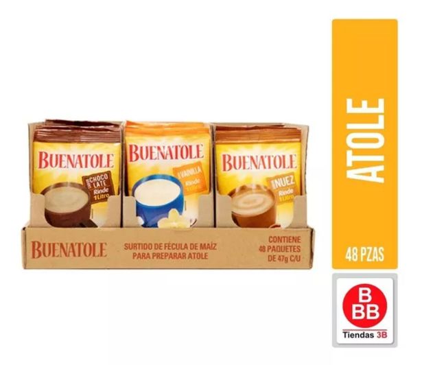 Oferta de Atole Buenatole® Caja Con 48 Pzas. Chocolate/vainilla/nuez por $192 en Tiendas Tres B