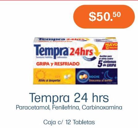 Oferta de TEMPRA 24HRS DIA NOCHE GRIPA Y RESFRIADO TAB CAJ C/12 por $50.5