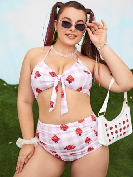Oferta de Bañador bikini con estampado de fresa de canalé con nudo por $217