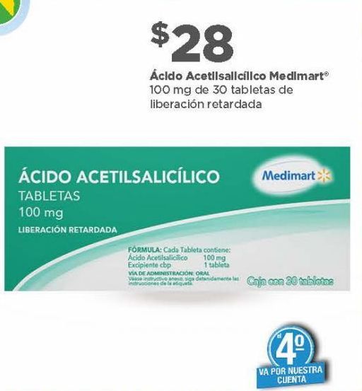 Oferta de Acido acetilsalicílico 100mg 30tabs por $28