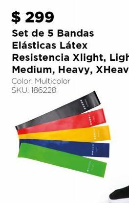Oferta de Set de 5 bandas elásticas látex resistencia XLight, medium, heavy, Xheavy por $299