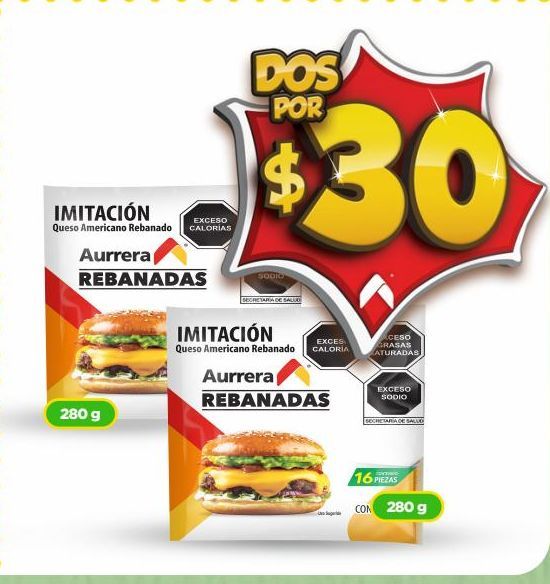 Oferta de Rebanadas de queso Aurrera 280g  X 2 por $30