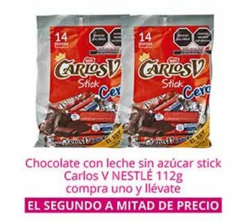 Oferta de Chocolate con leche sin azúcar stick Carlos V Nestlé 112g por 