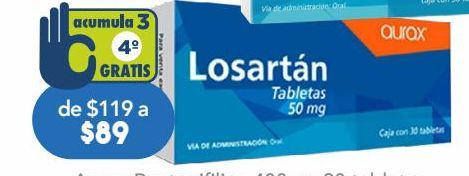 Oferta de Aurax Losartán 50mg 30 tabletas. por $89