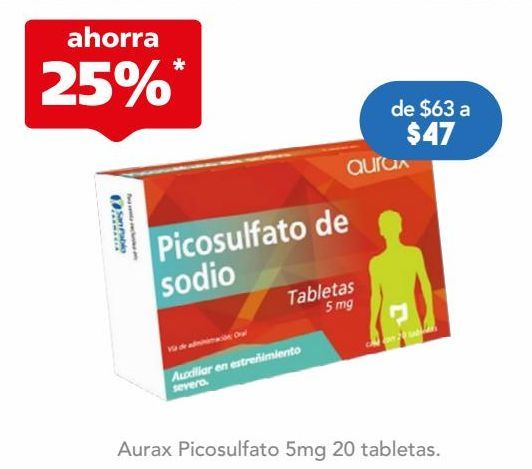 Oferta de Aurax Picosulfato 5mg 20 tabletas. por $47