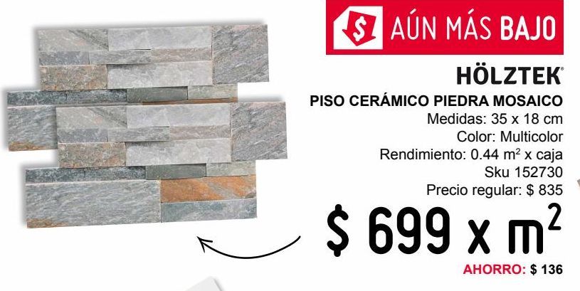 Oferta de Piso cerámico piedra mosaico multicolor 35x18 cm x m2 por $699