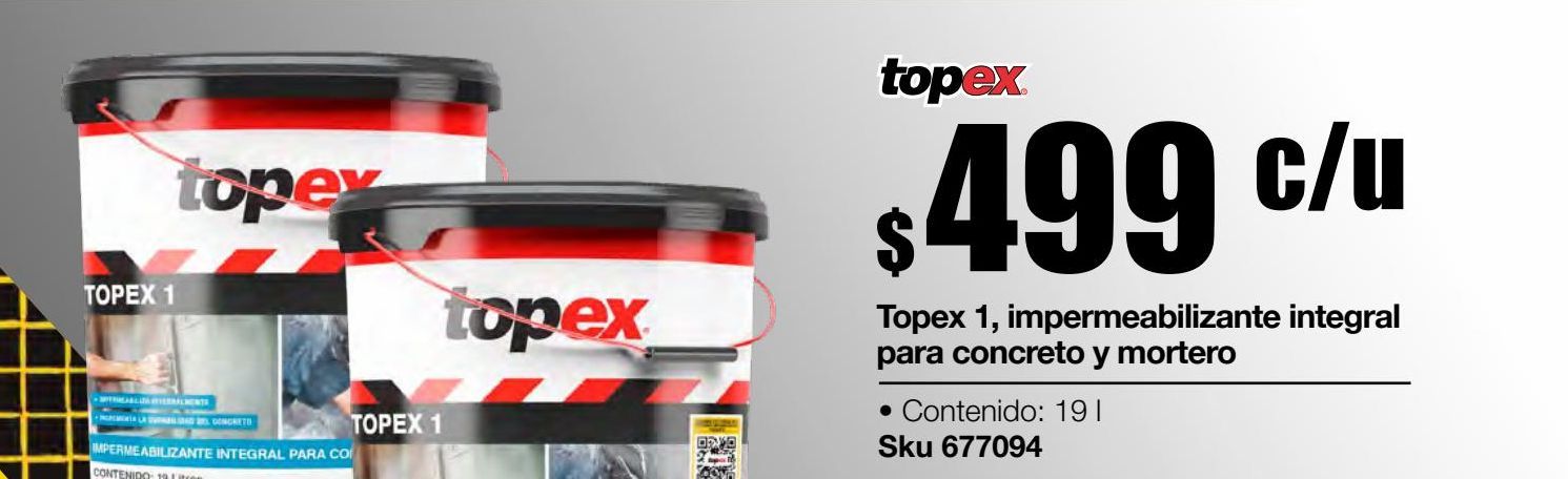Oferta de Topex 1, impermeabilizante integral para concreto y mortero 19 l por $499