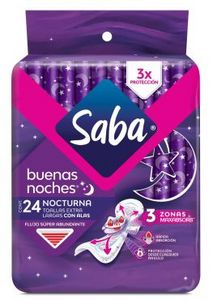 Oferta de Toalla Femenina Saba Buenas Noches con Alas Paquete con 24 Piezas por $83.5 en Scorpion