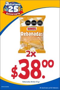 Oferta de Rebanadas Bimbo 55 gr 2 x $38.00 por $38 en El Asturiano
