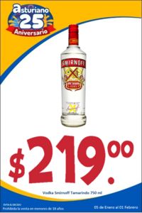 Oferta de Vodka Smirnoff Tamarindo 750 ml $219.00 por $219 en El Asturiano