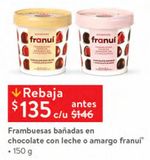 Oferta de Frambuesas bañadas en chocolate con leche o amargo Franui 150g por $135 en Walmart