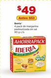Oferta de 4 pack margarina Iberia pasteurizada sin sal 90g por $49 en Bodega Aurrera