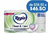 Oferta de REGIO PAPEL HIGIENIC CLEAN & CARE C/8PZS por $46.5 en Farmacia San Pablo