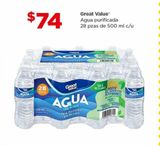 Oferta de Agua purificada Great Value 28 pzas 500ml por $74 en Bodega Aurrera