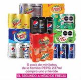 Oferta de 6 pack de minilatas de la familia Pepsi 237ml en Fresko