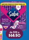 Oferta de Saba Buenas Noches Toallas Femeninas Extra Largas con Alas Flujo Súper Abundante 28 Piezas por $68.5 en Farmacia San Pablo